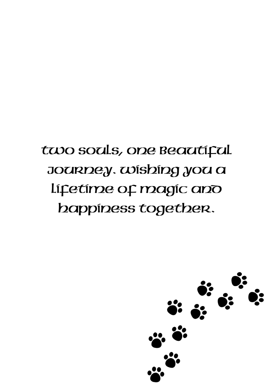 Black paw prints leading to a romantic message on a white background