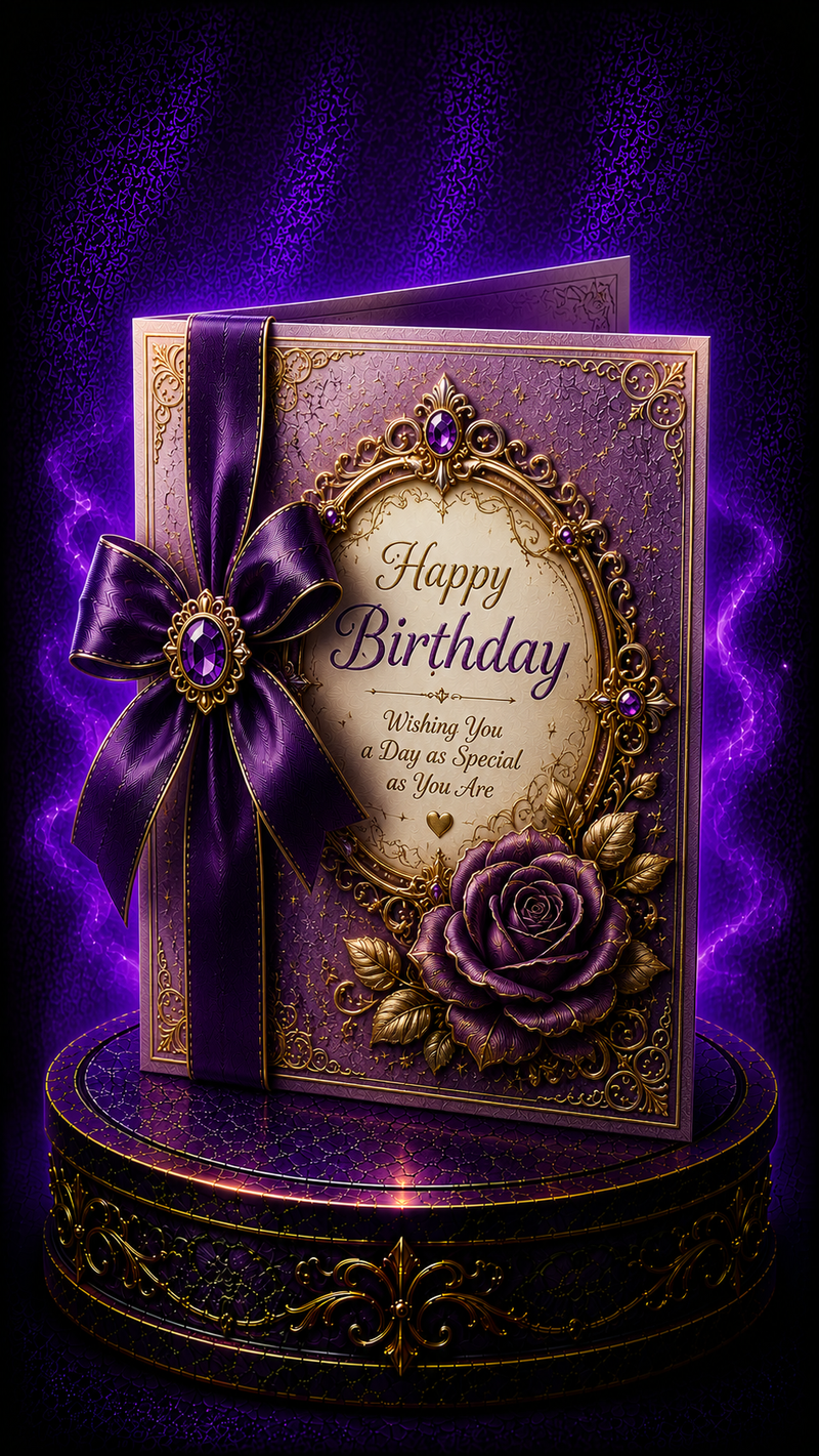 Birthday greeting cards with a decorated cake, gold candles, purple and gold confetti and ribbon on dark marble in warm light