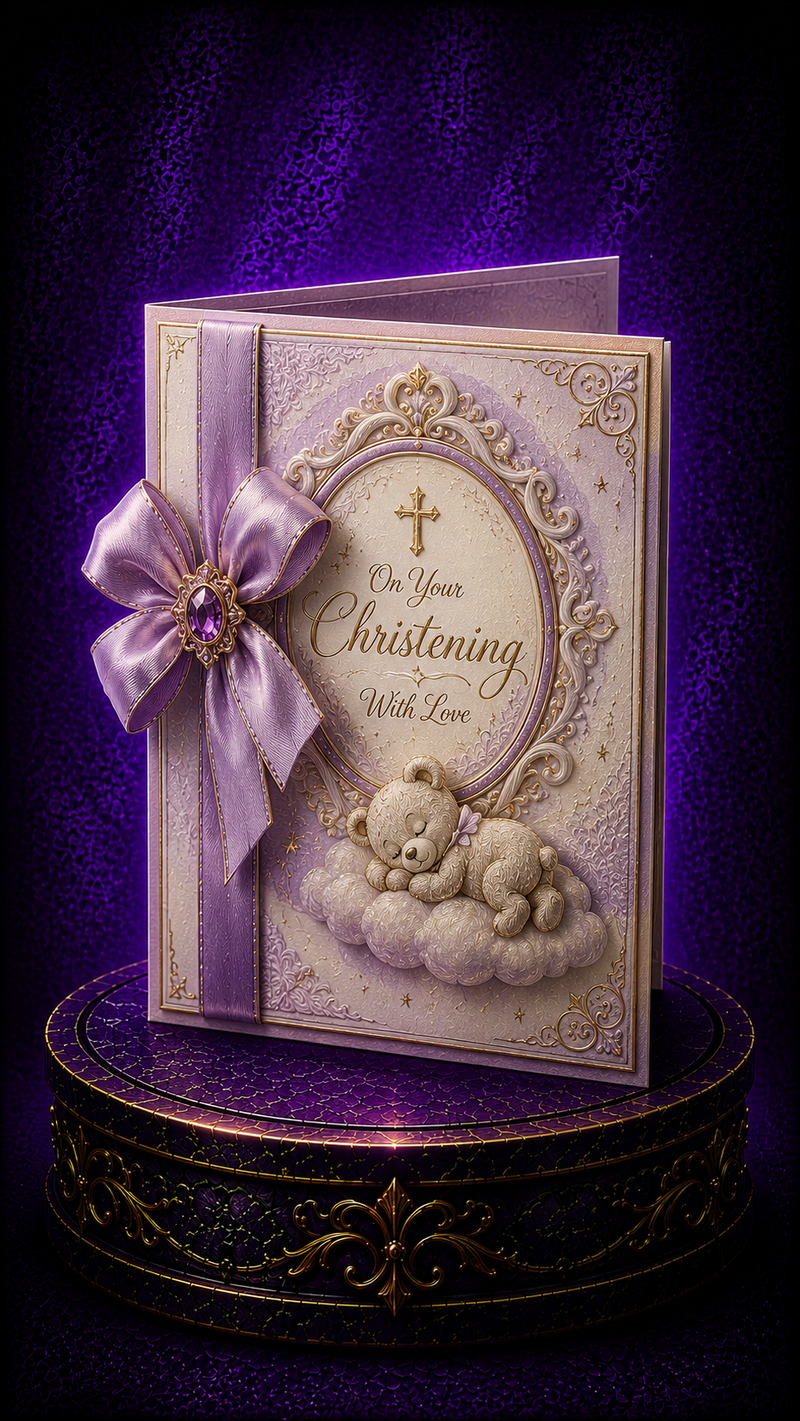 New baby and christening greeting cards with tiny white baby shoes, pastel flowers and a christening cross on white linen in warm light