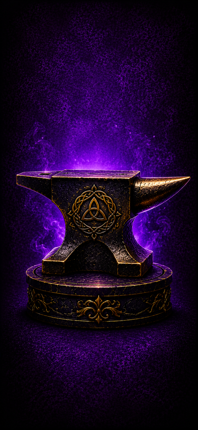 A dramatic collection of 3D printed gothic fantasy figurines including dragons, skulls and mythical creatures, arranged on a dark stone surface with moody candlelight, deep shadows and rich purple and gold tones.