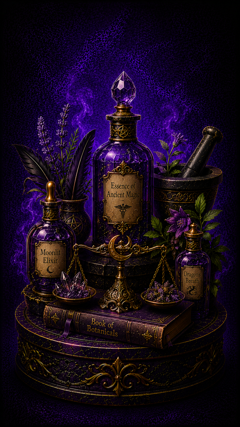 Dark luxury apothecary flat lay featuring gothic candles, incense sticks, a decorative cone burner and reed diffusers with mystical botanicals in a purple and gold editorial style