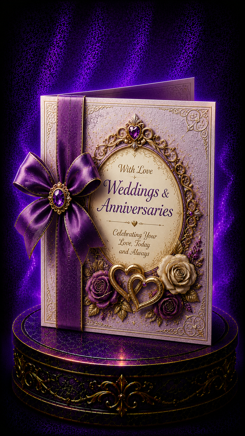 Elegant wedding and anniversary greeting cards arranged with white roses, gold rings and ribbon on a marble surface in warm golden ligh