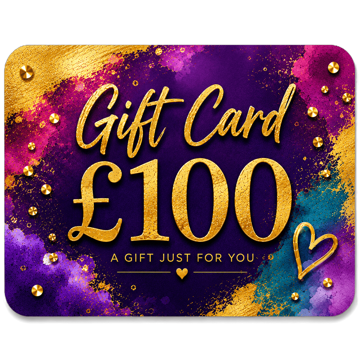 Gift card with gold text and colorful design on a white background