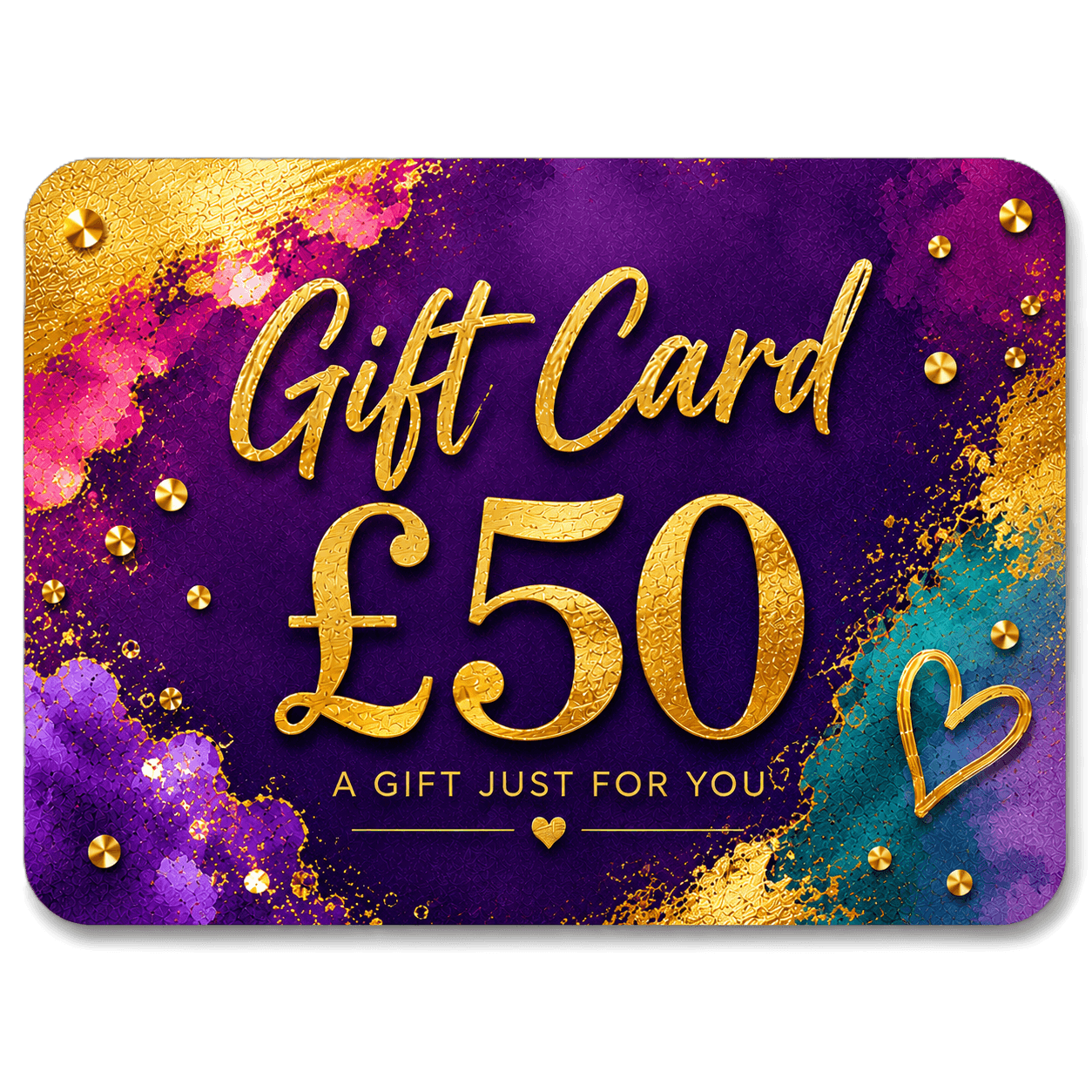 Gift card with £50 value on a colorful background