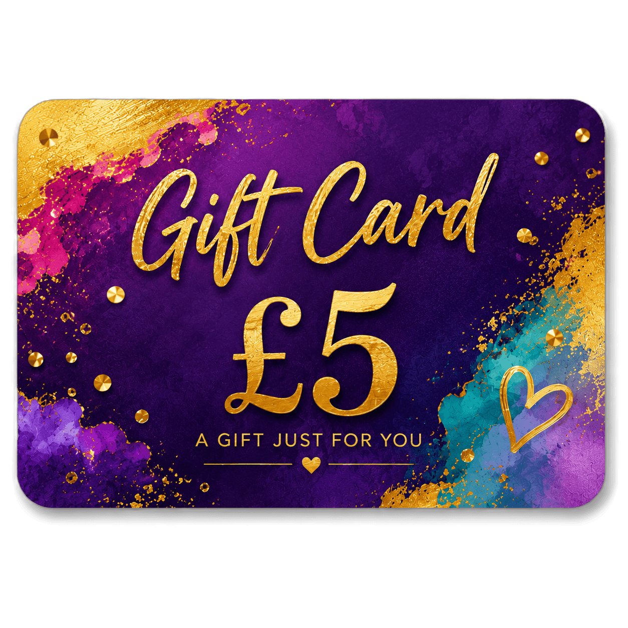Gift card with gold text on a colorful watercolor background