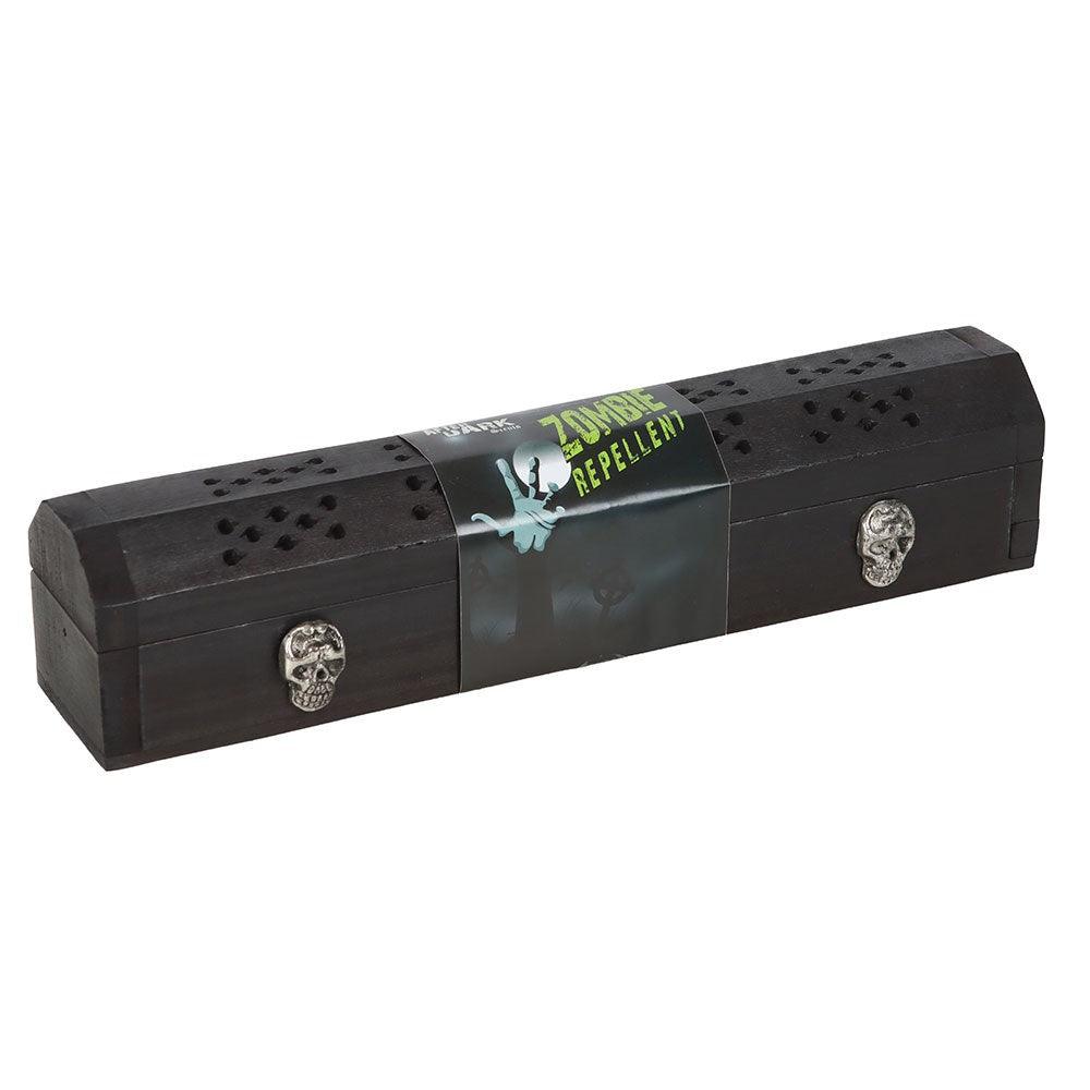 Black coffin-shaped product with 'Zombie Repellent' label on a white background