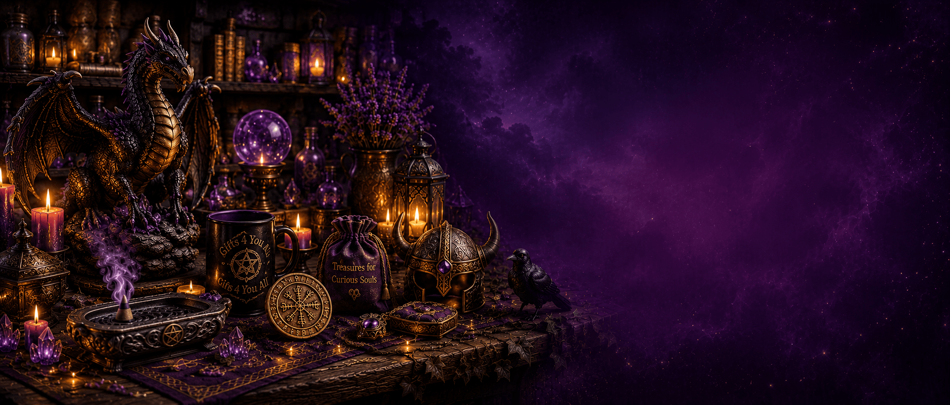 Witchcraft altar with candles, potions, and a dragon on a dark purple background