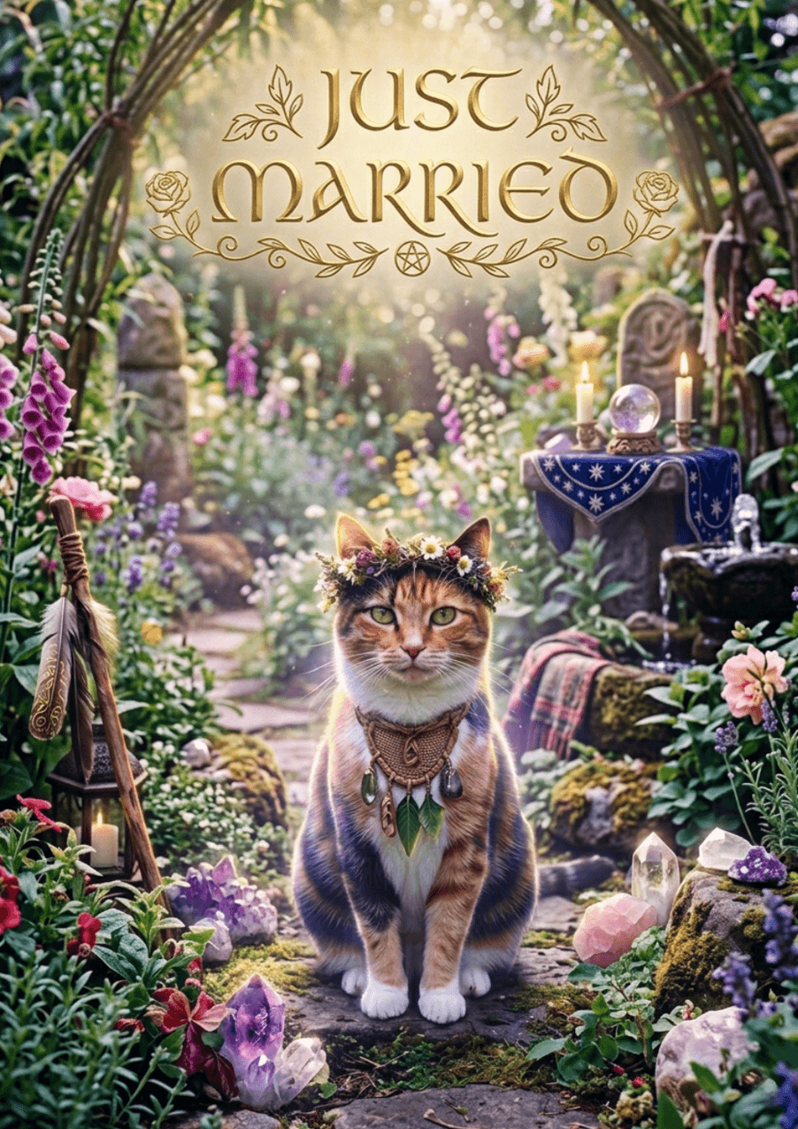 Cat in a fairy tale garden with 'Just Married' text