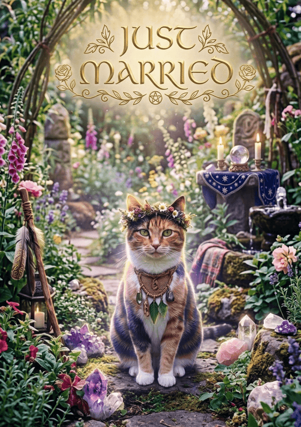 Cat in a fairy tale garden with 'Just Married' text