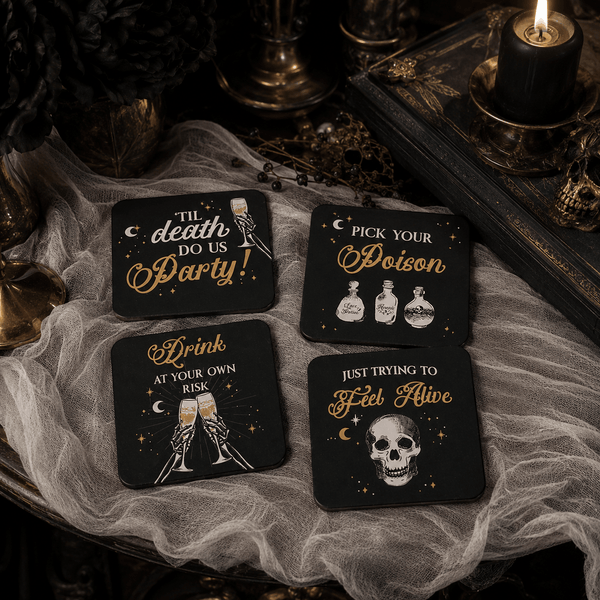 Til Death Do Us Party Skeleton Coaster Set - Black & Gold (Set of 4 with Stand)