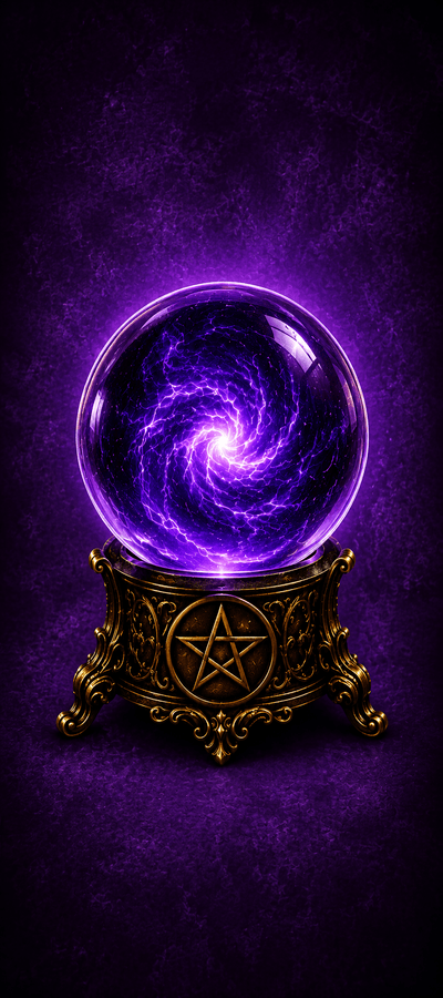 Crystal ball with swirling purple light on a dark purple background