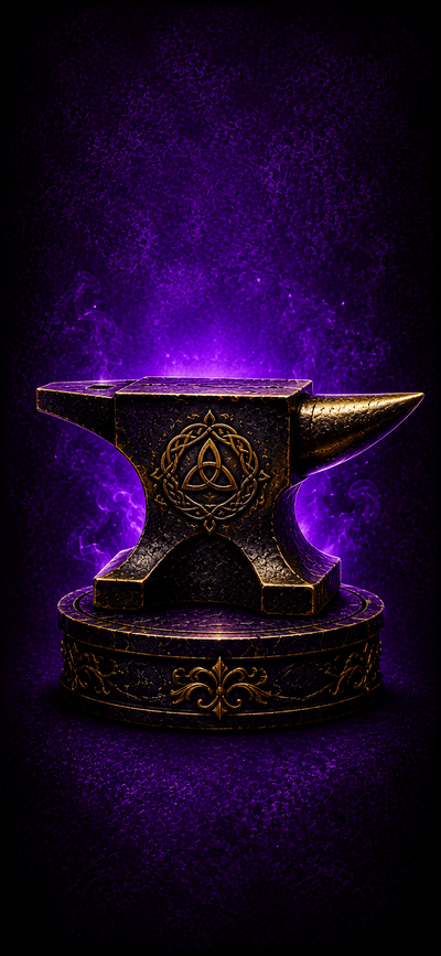 Decorative anvil with intricate designs on a dark background with purple lighting