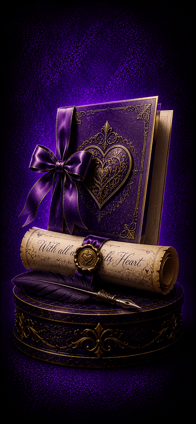 Decorative book with a purple ribbon and heart design on a dark background