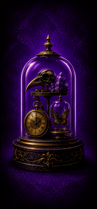 Decorative clock and bird skull under a glass dome on a dark background