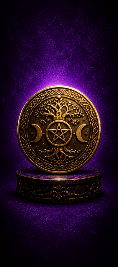 Decorative coin with tree of life and pentacle design on a purple background