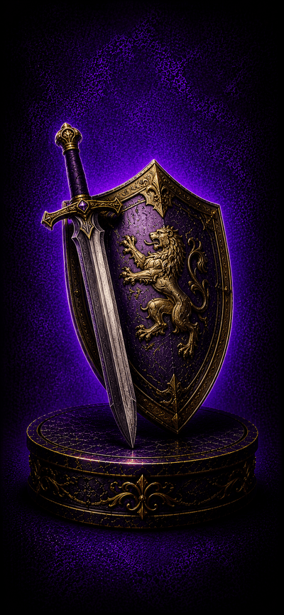 Decorative shield with a lion emblem and sword on a dark purple background
