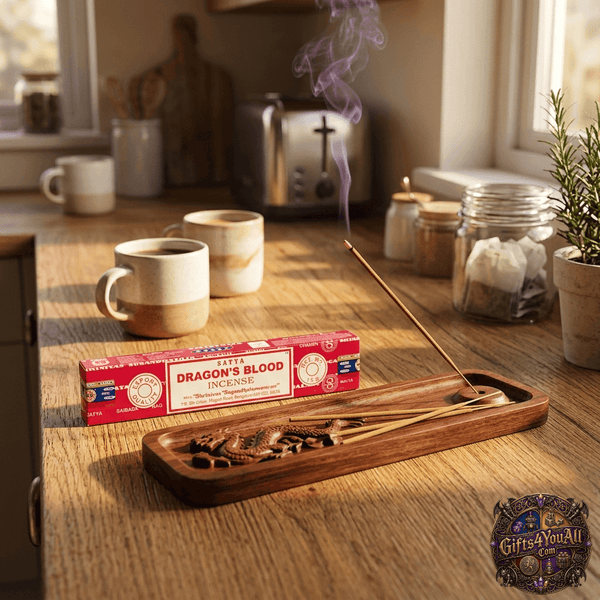 Incense stick box labeled 'Dragon's Blood' on a wooden table with incense burning.