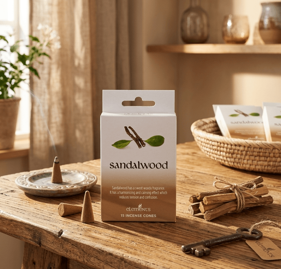 Elements Sandalwood Incense Cones on a wooden table with a burning cone
