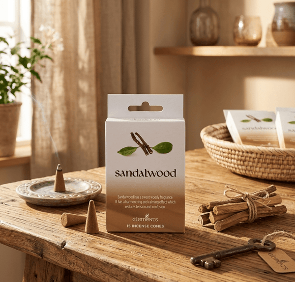 Elements Sandalwood Incense Cones on a wooden table with a burning cone