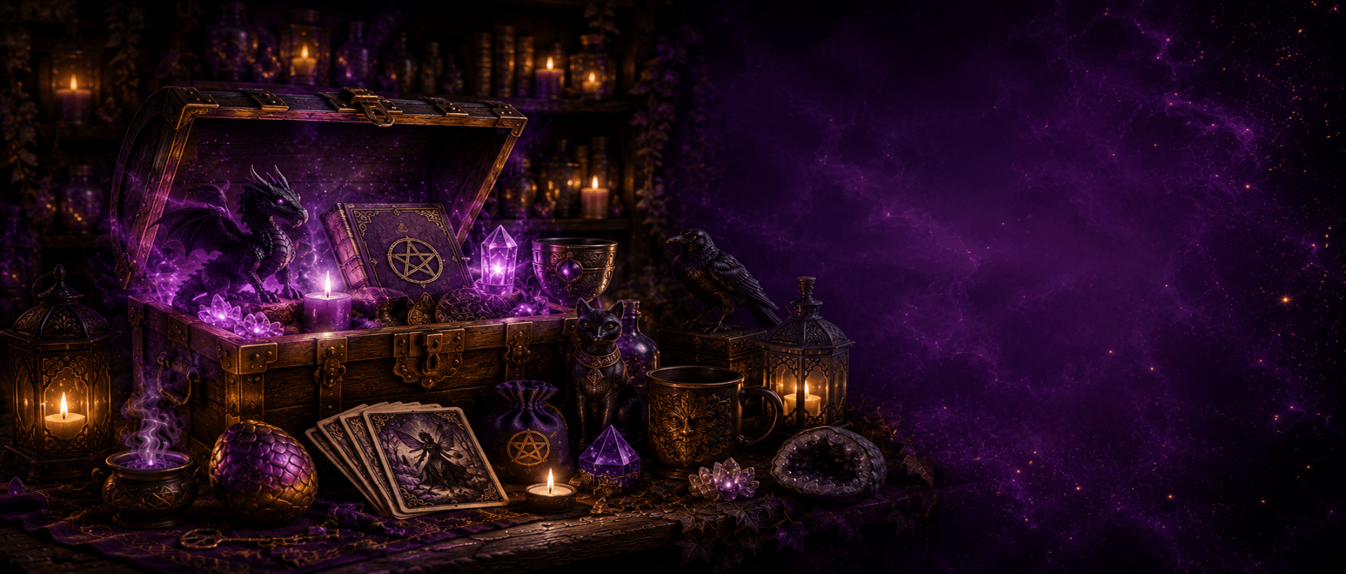 Magical setup with a open treasure chest, candles, and mystical objects on a dark background.