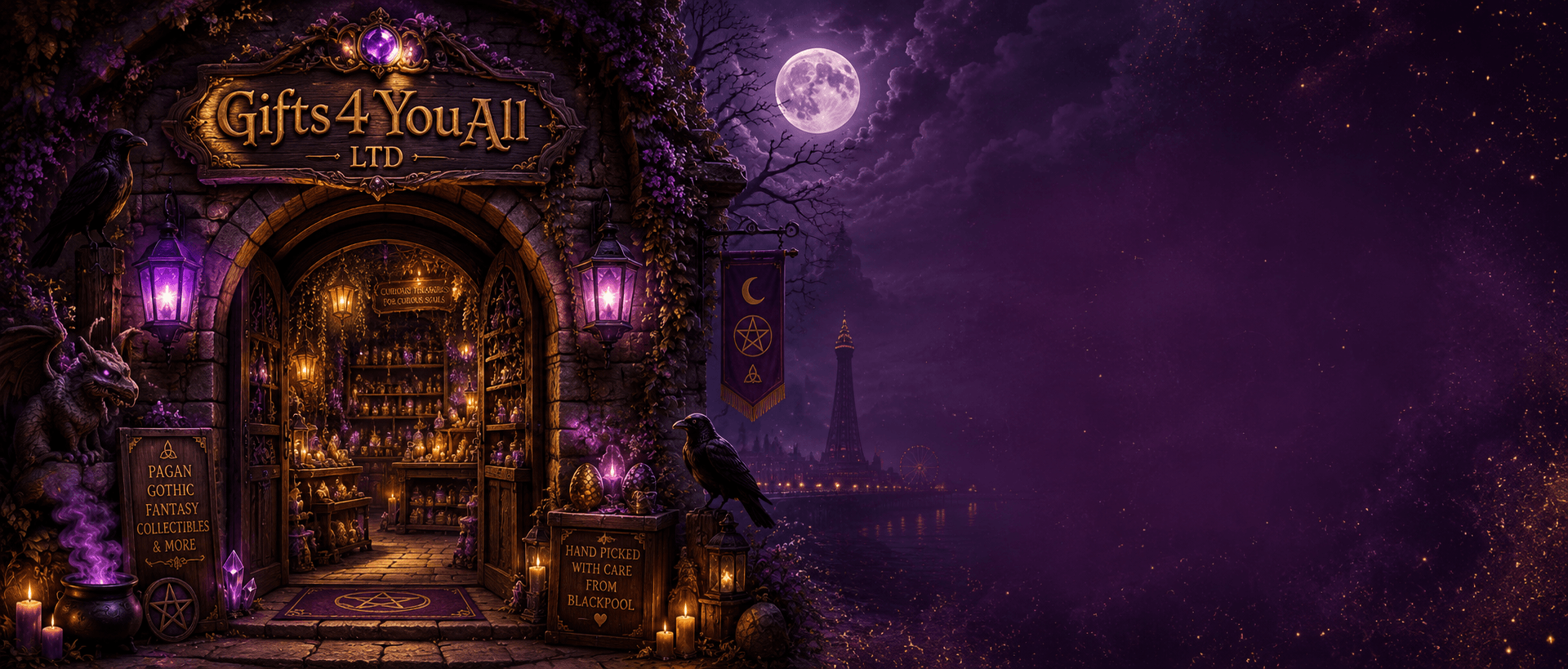 Fantasy store entrance with 'Gifts 4 You All Ltd' sign, surrounded by mystical elements and moonlit sky.