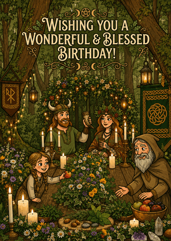 Illustration of a birthday celebration with characters in a forest setting, featuring candles and a tree with fruit.