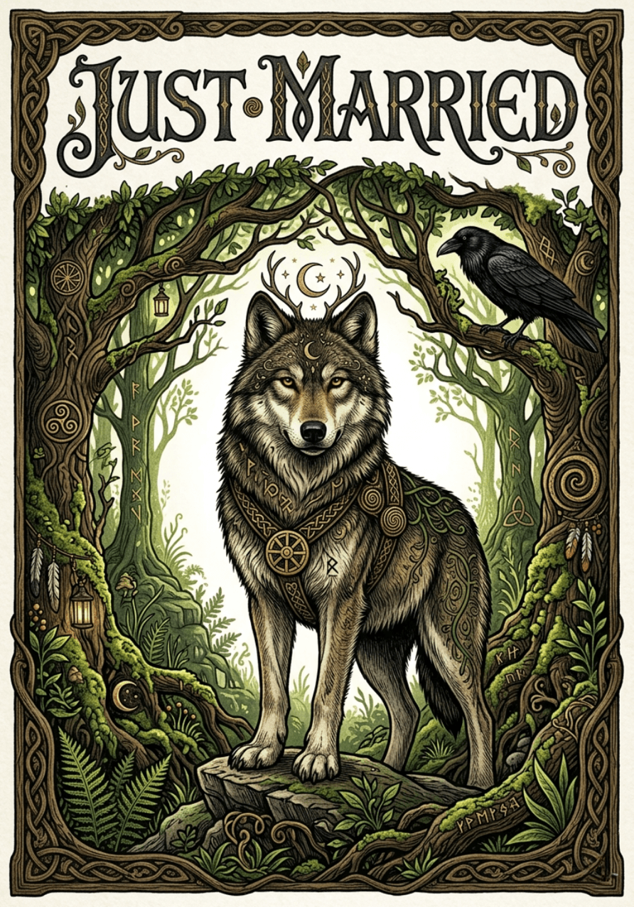 Illustration of a wolf with Celtic-style decorations and 'Just Married' text in a forest setting.
