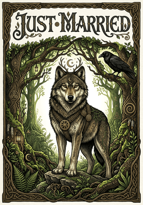 Illustration of a wolf with Celtic-style decorations and 'Just Married' text in a forest setting.