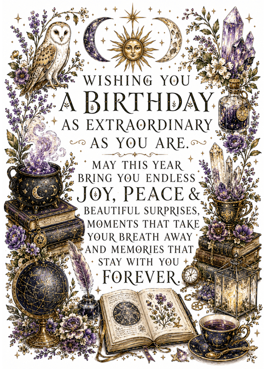 Birthday card with mystical elements, flowers, and text on a white background