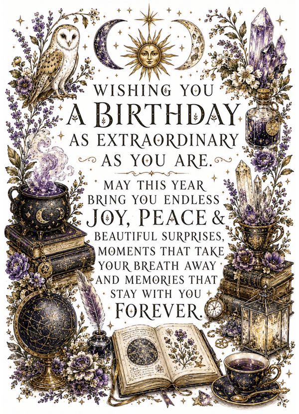 Birthday card with mystical elements, flowers, and text on a white background