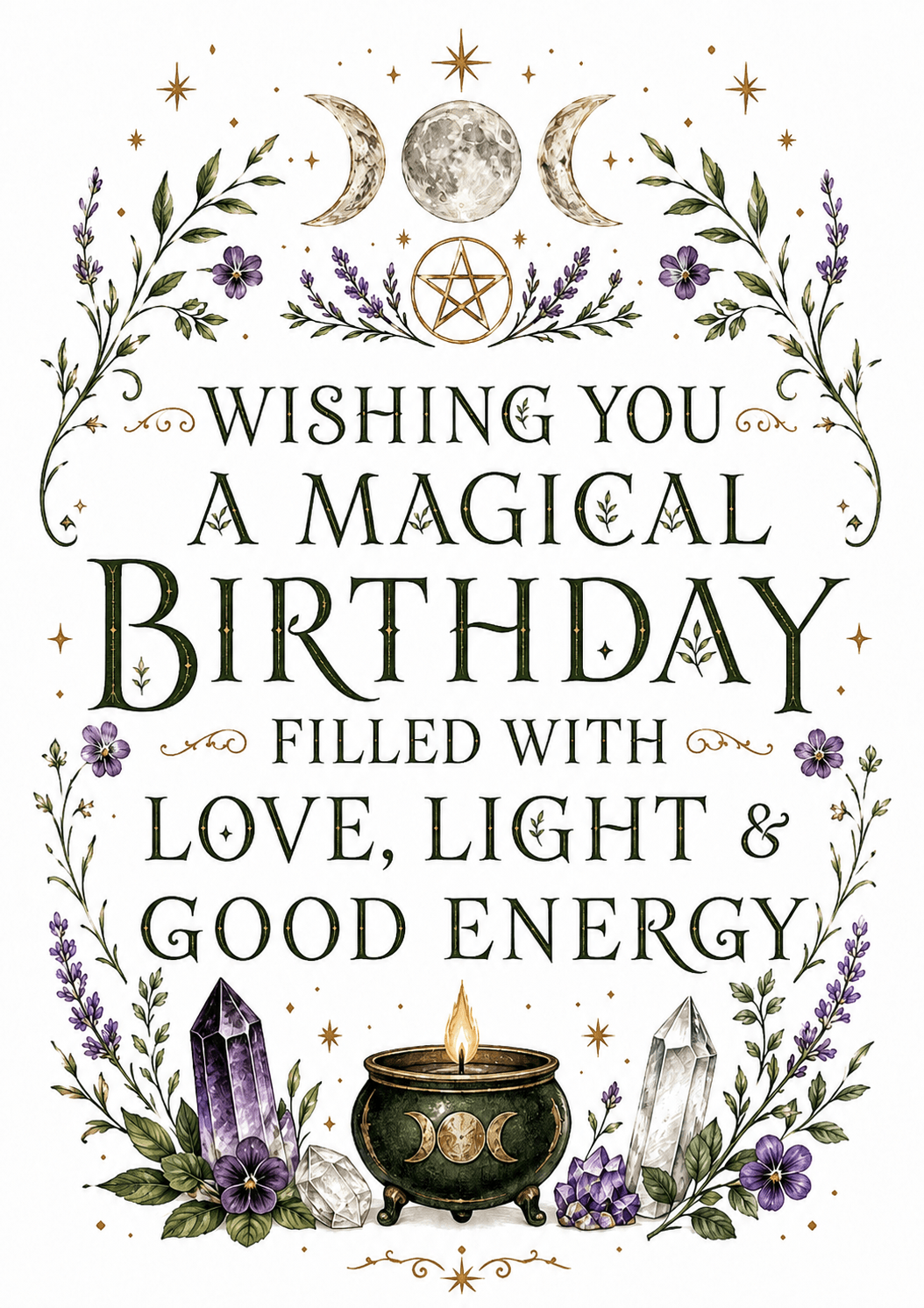 Magical birthday card with celestial elements, crystals, and a candle.