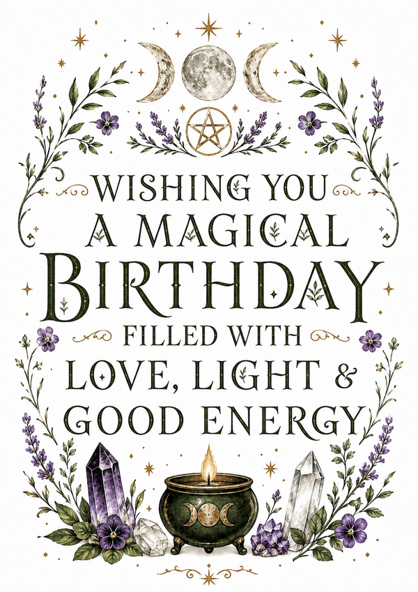 Magical birthday card with celestial elements, crystals, and a candle.