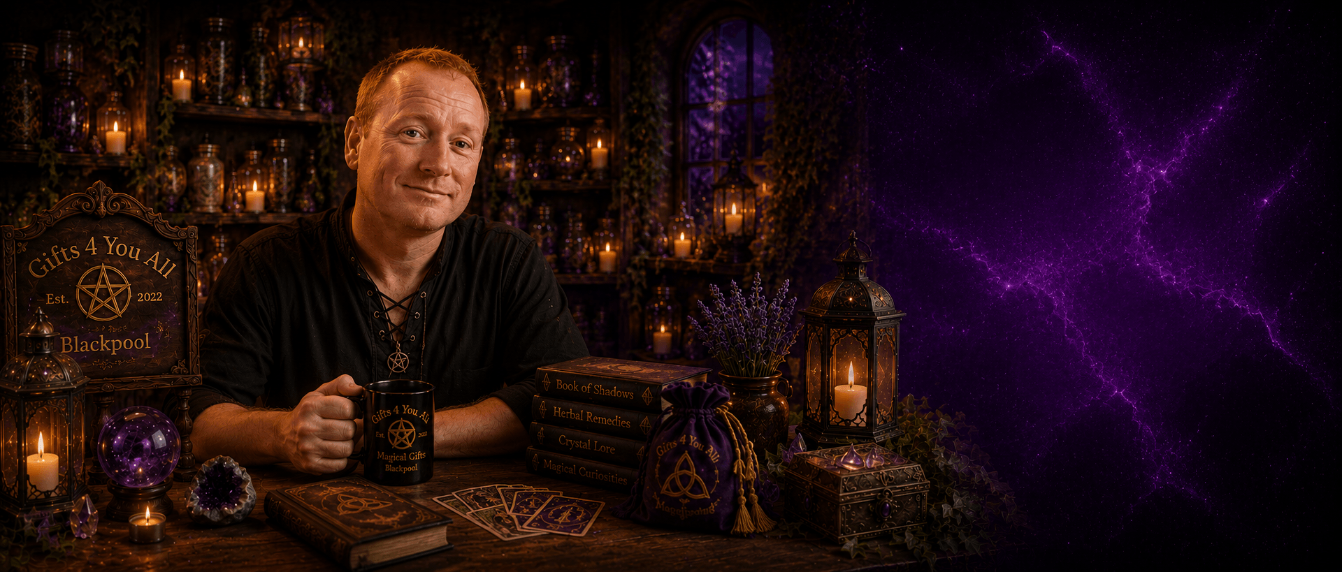 Man sitting at a table with mystical items in a dark, candle-lit room