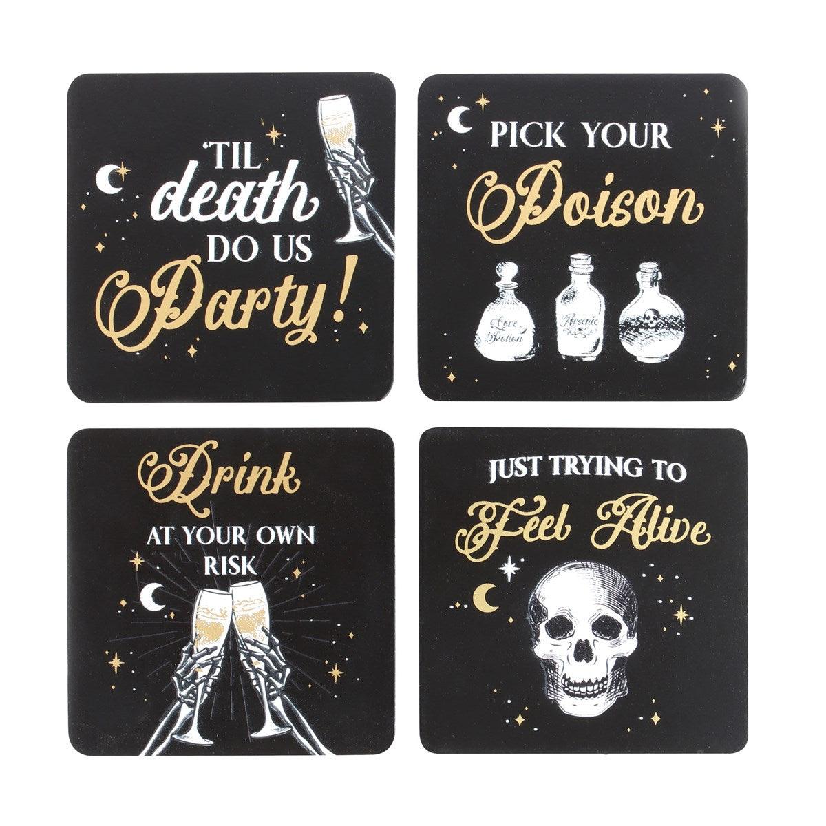 Til Death Do Us Party Skeleton Coaster Set - Black & Gold (Set of 4 with Stand)