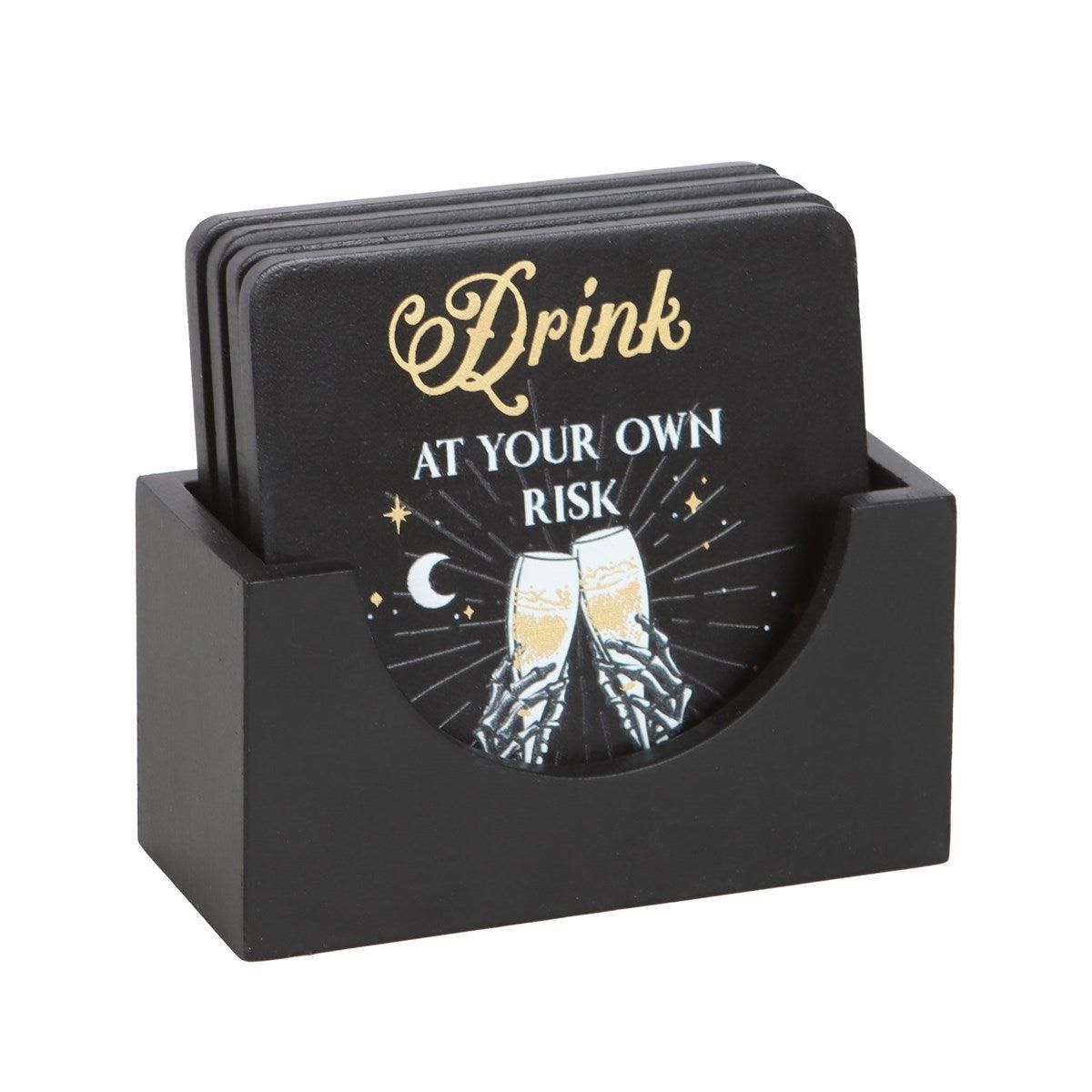 Til Death Do Us Party Skeleton Coaster Set - Black & Gold (Set of 4 with Stand)