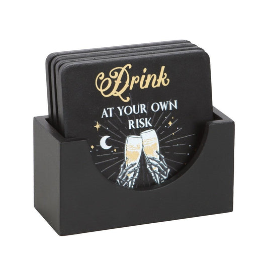 Til Death Do Us Party Skeleton Coaster Set - Black & Gold (Set of 4 with Stand)