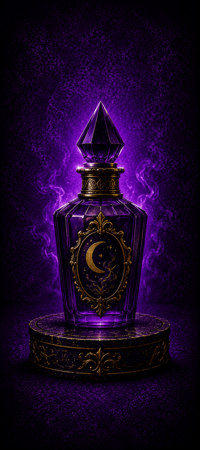 Purple potion bottle with gold accents on a dark background