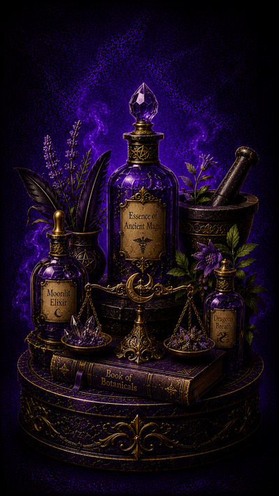 Purple potion bottles with labels on a dark background