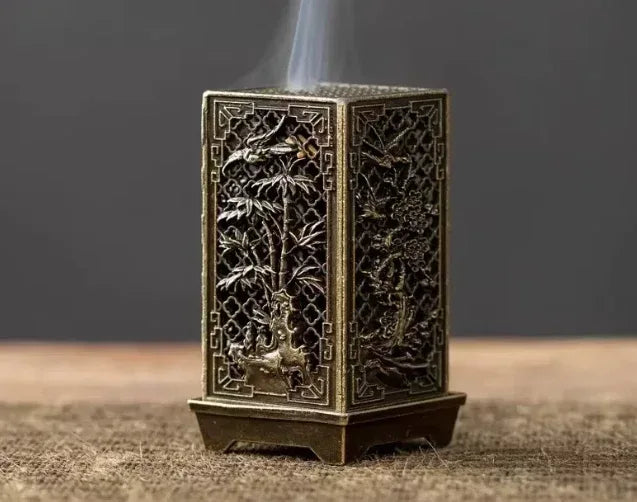 Square Vertical Incense Burner | Chinese Alloy Incense Holder with Xiangyun Plum Blossom Design - Incense Burner