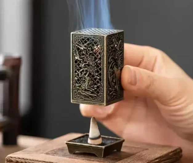 Square Vertical Incense Burner | Chinese Alloy Incense Holder with Xiangyun Plum Blossom Design - Incense Burner