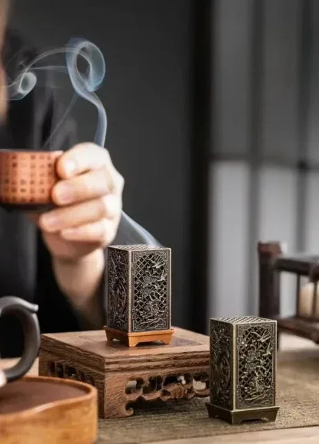 Square Vertical Incense Burner | Chinese Alloy Incense Holder with Xiangyun Plum Blossom Design - Incense Burner