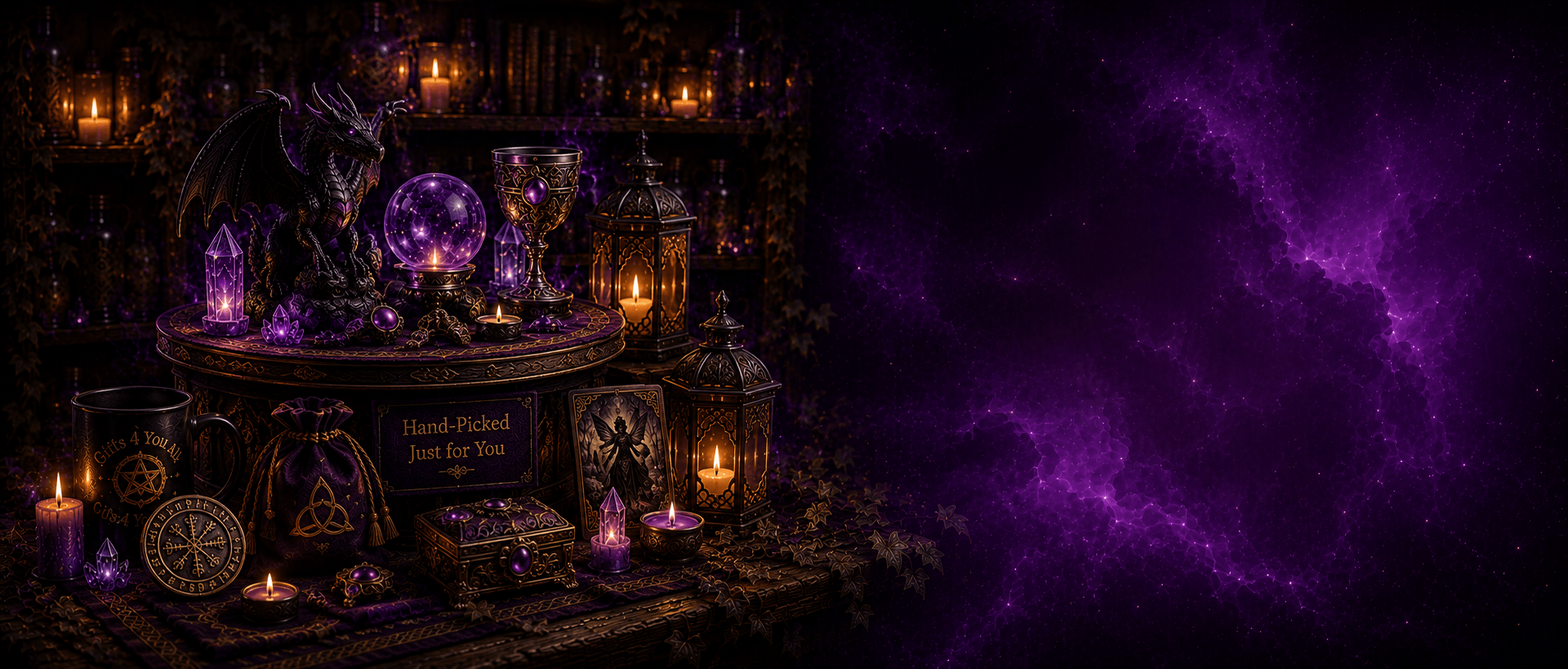 Witchcraft altar with candles, crystals, and a purple nebula on a dark background