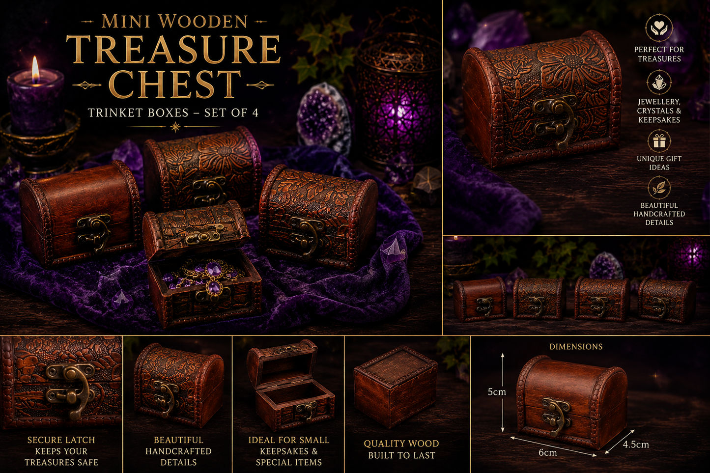 Mini Wooden Treasure Chest Trinket Boxes - Set of 4
